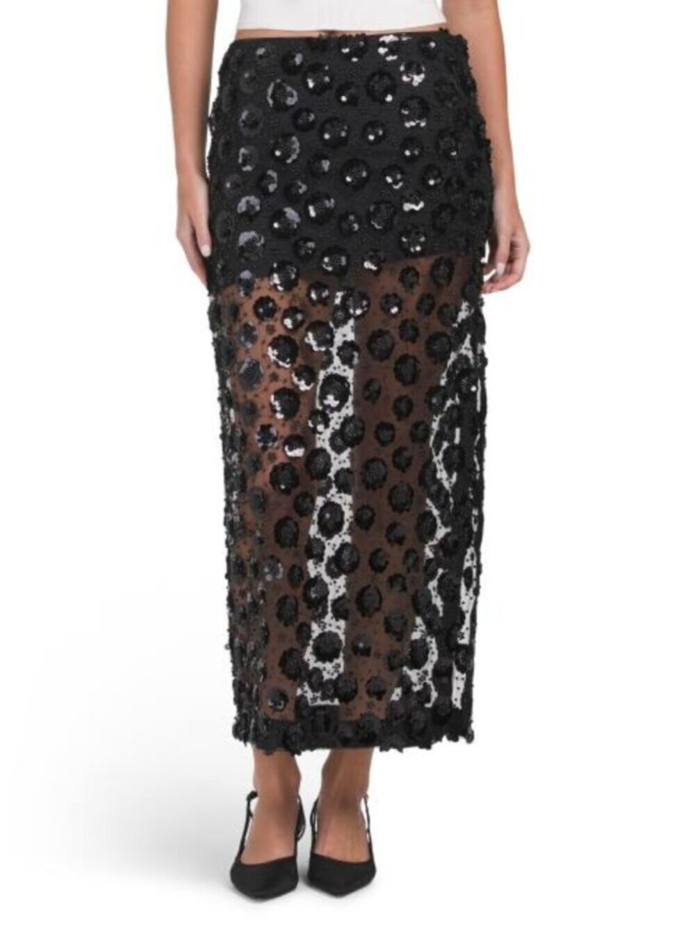 ENGLISH FACTORY Flower Sequin Sheer Midi Skirt